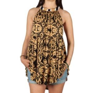 Free People Women's Printed Sleeveless Halter Tank Top black gold mini tunic S